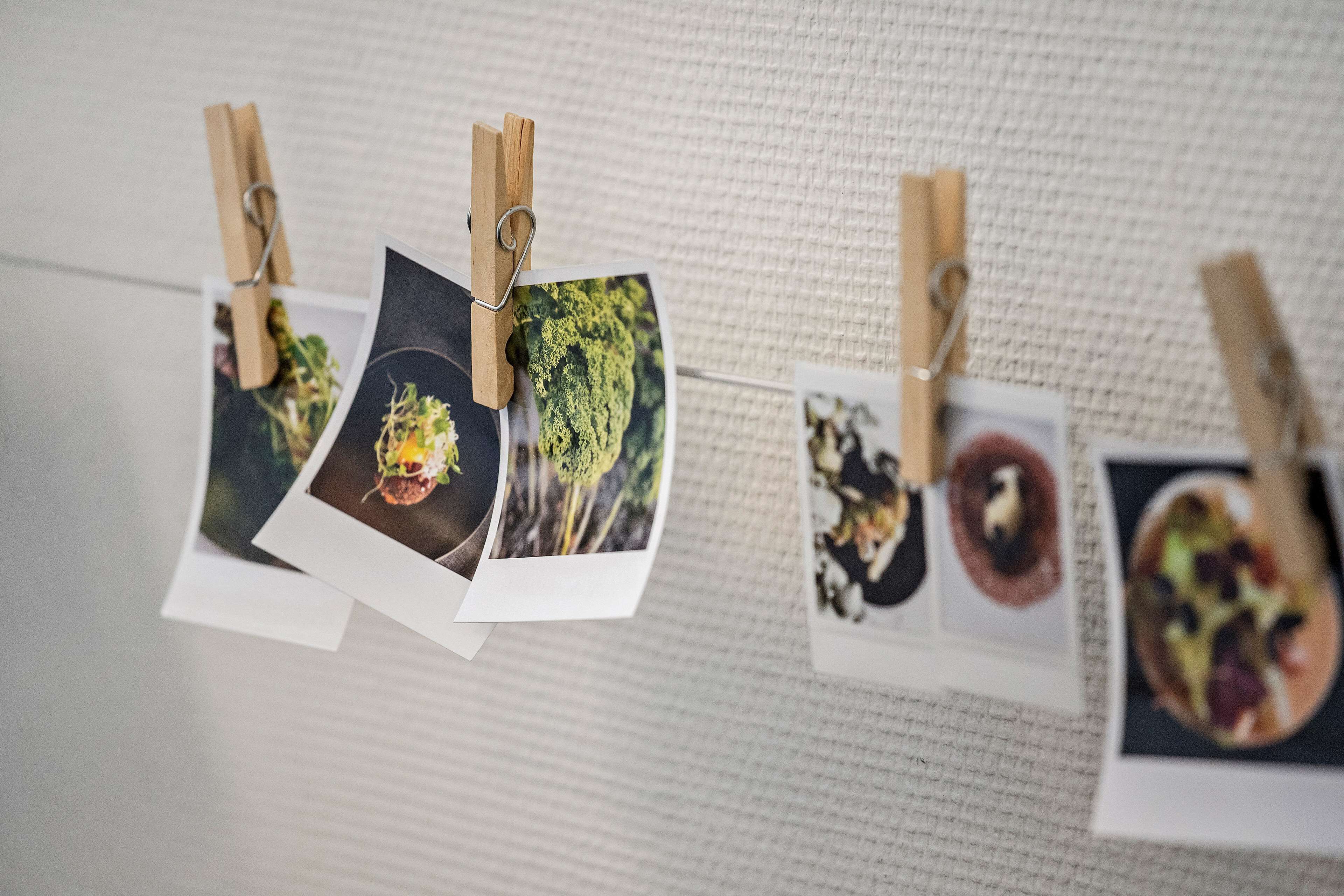 Una serie de fotografías sujetas con pinzas de ropa a una cuerda, exhibidas frente a una pared con textura.