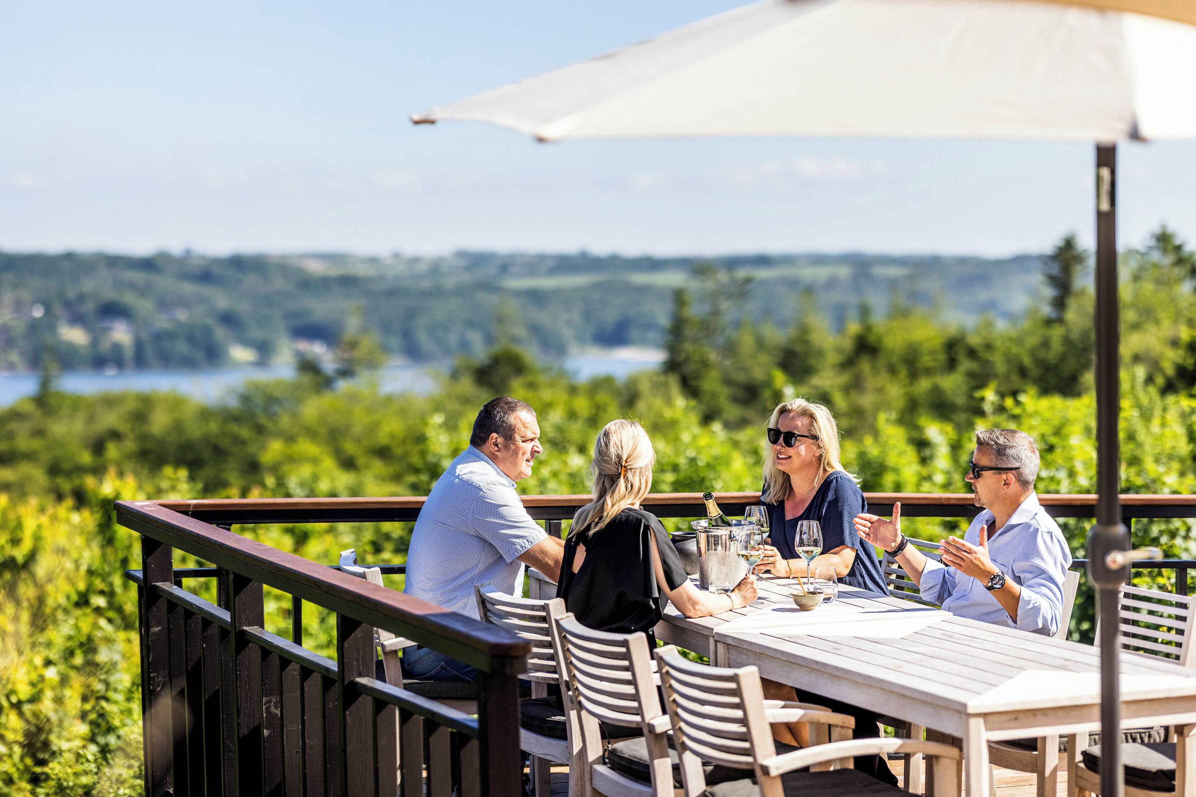 Un groupe de personnes est assis à une table en plein air, devant un lac et entouré de verdure, et prend son repas.