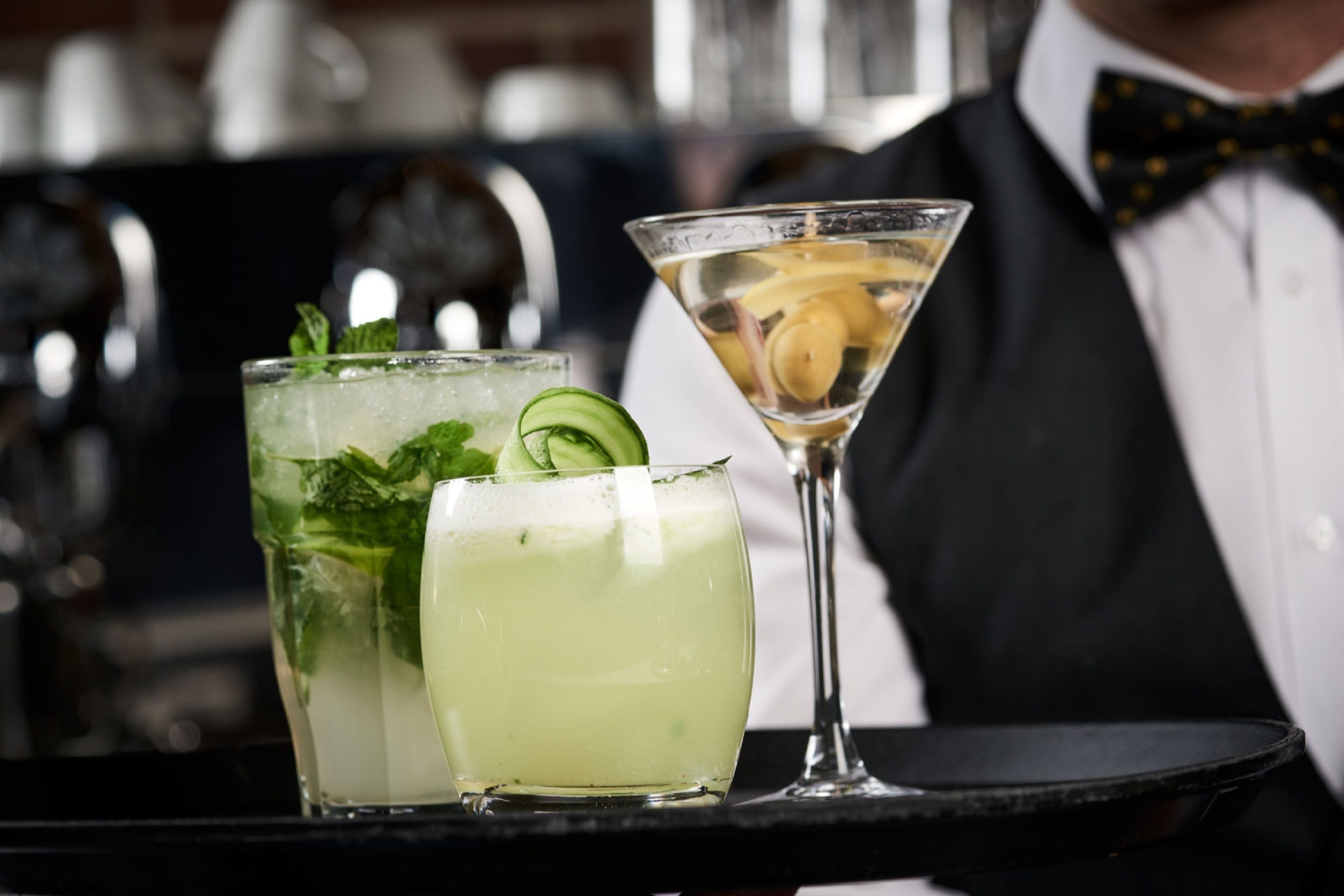 To cocktails på et fad, hvoraf den ene er med mynte og agurk, og den anden med citronskiver.
