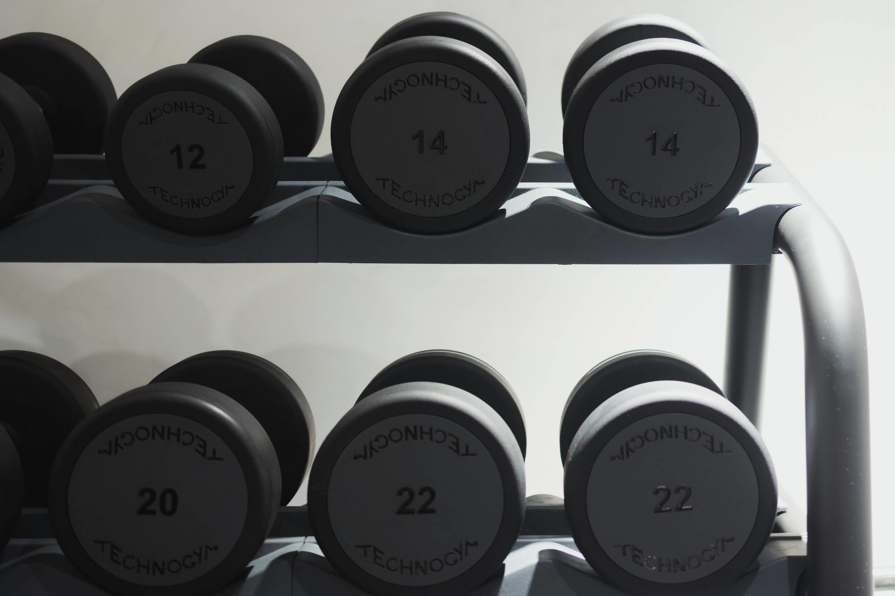 A rack of dumbbells with weights labeled 12, 14, 20, and 22.