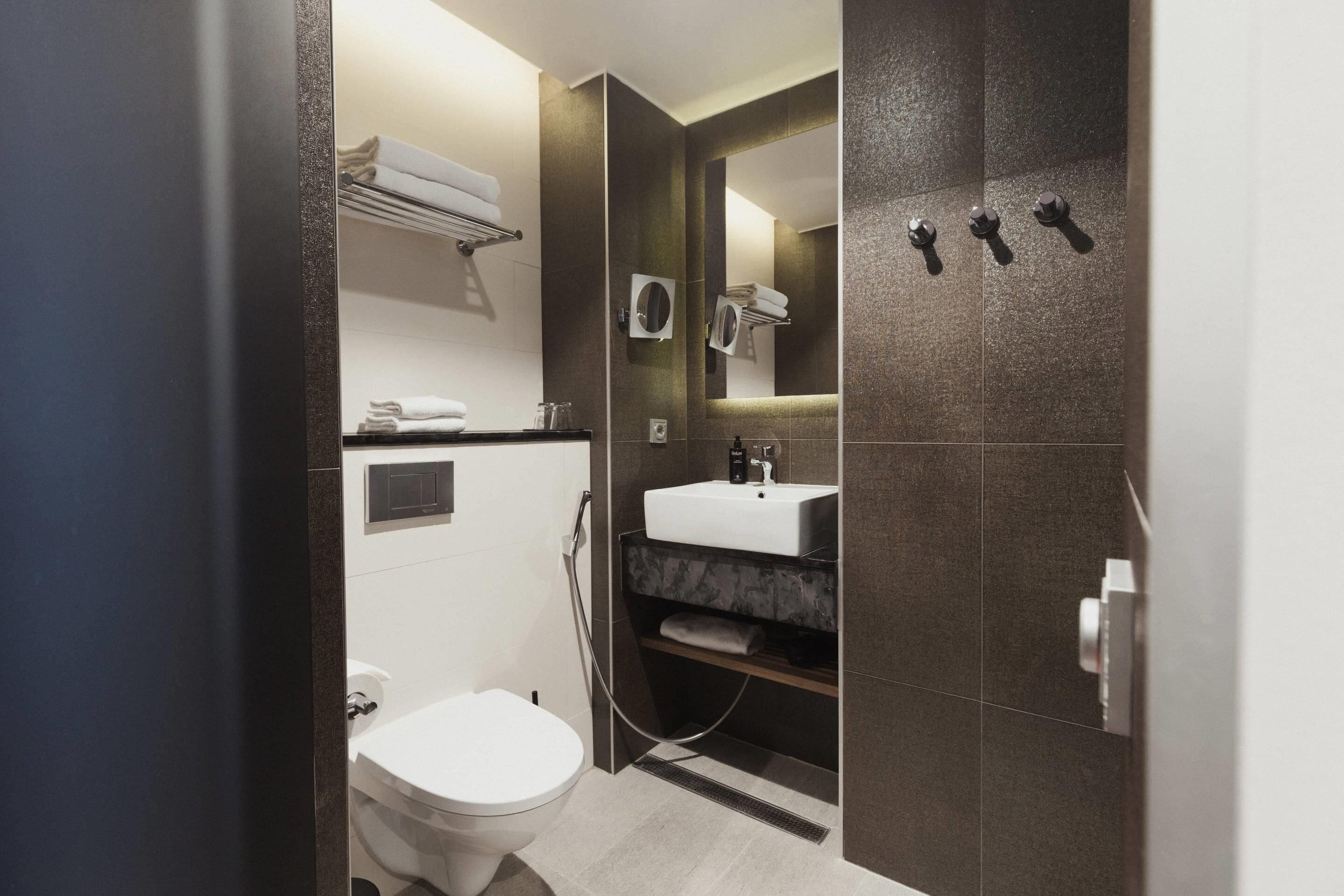 A modern bathroom with a toilet, a sink, a mirror, and a towel rack.