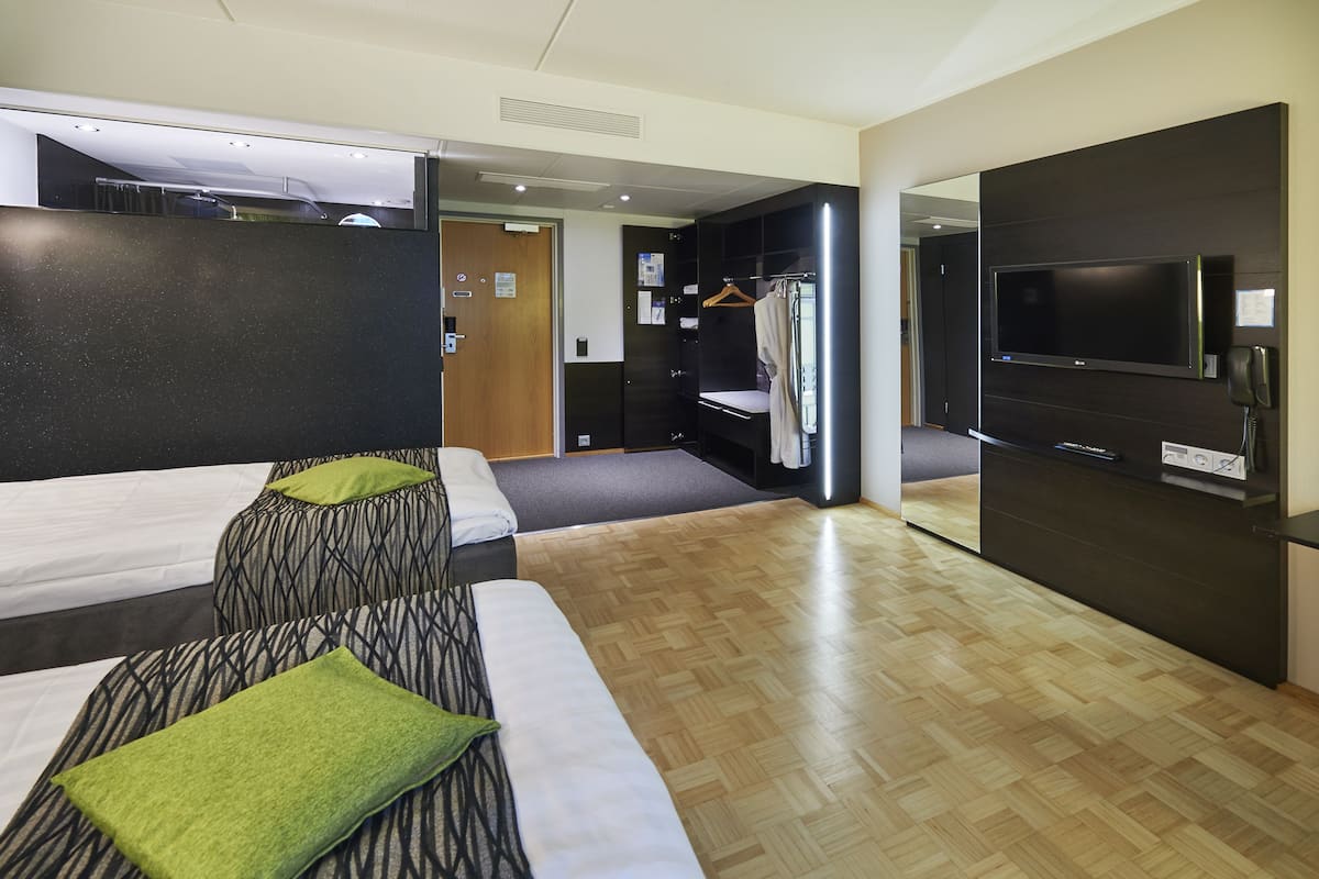 desk, blackout curtains, free cots/infant beds, free wifi