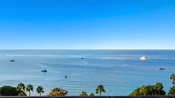 Vista del océano con barcos y palmeras.