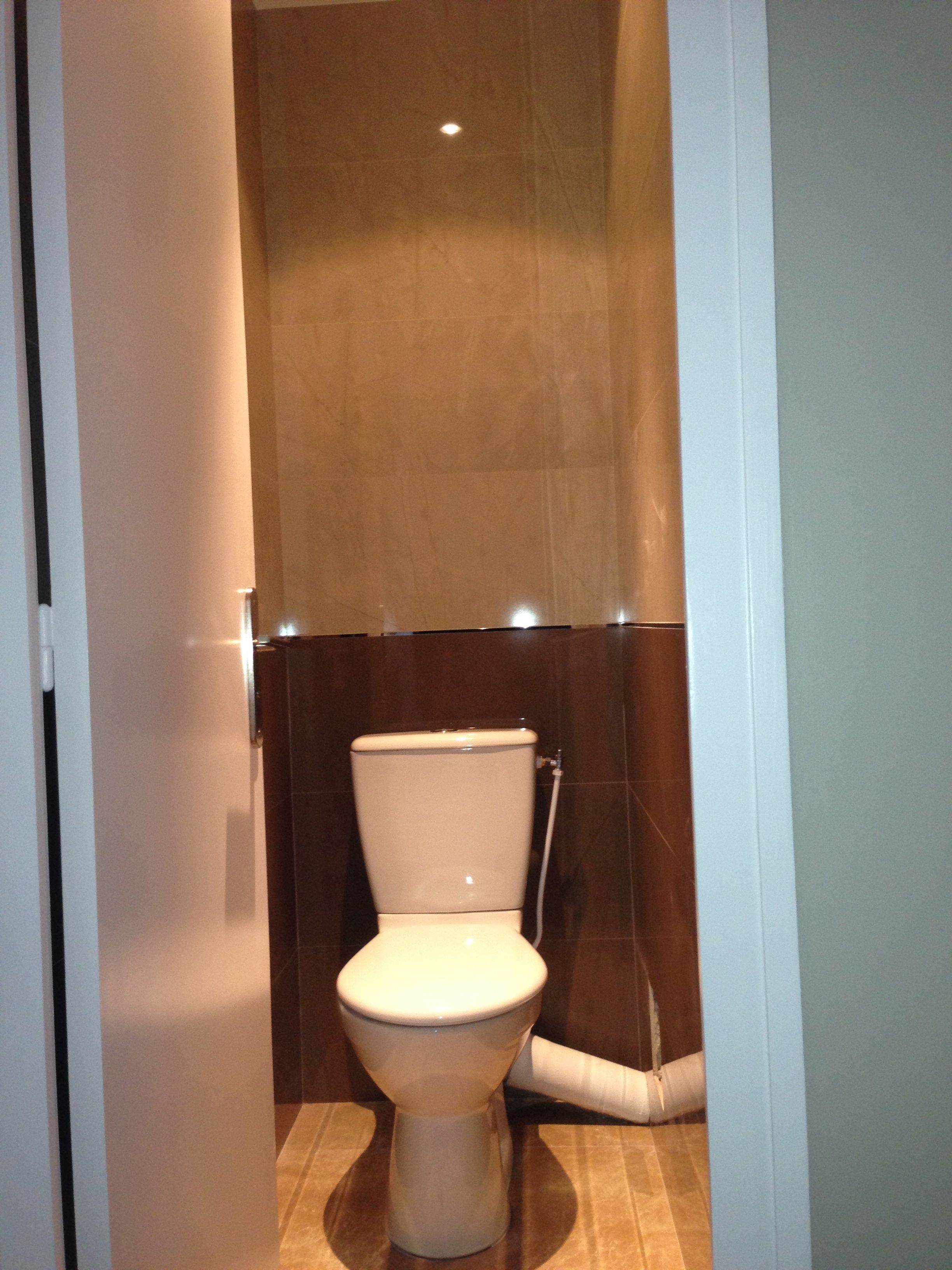 A small, enclosed bathroom with a toilet, a shower, and a wall-mounted toilet paper holder.