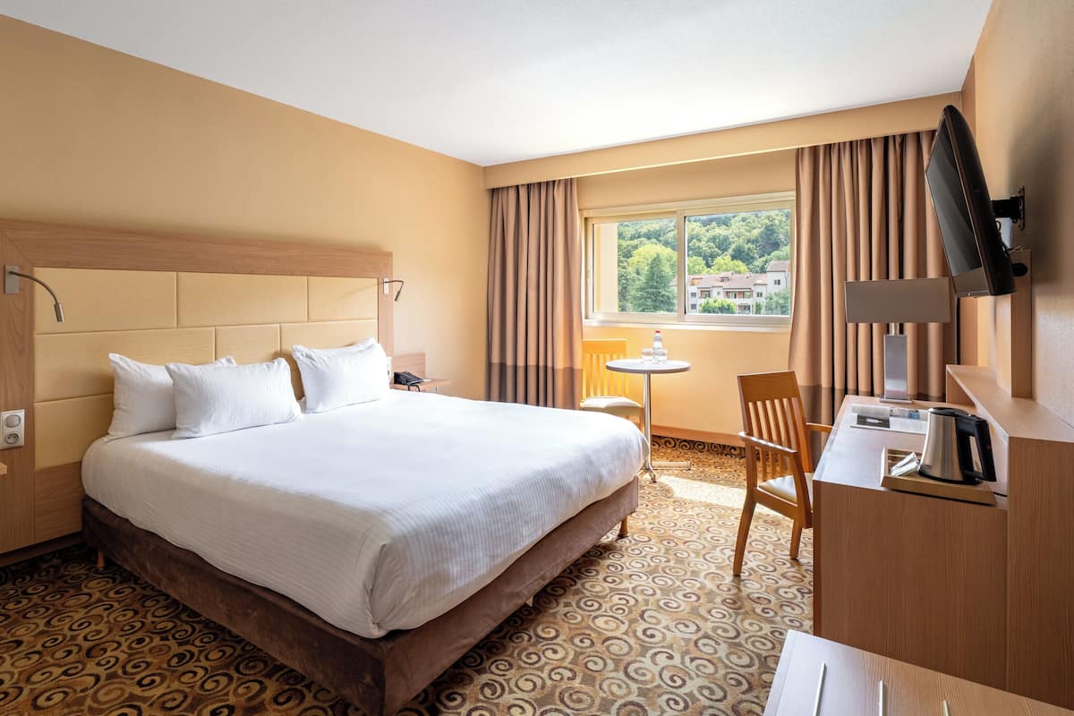 Une chambre d’hôtel équipée d’un lit, d’un bureau, d’une chaise, d’une télévision et d’une fenêtre avec des rideaux.