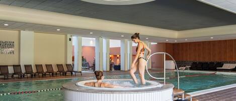 Indoor pool, seasonal outdoor pool, pool umbrellas