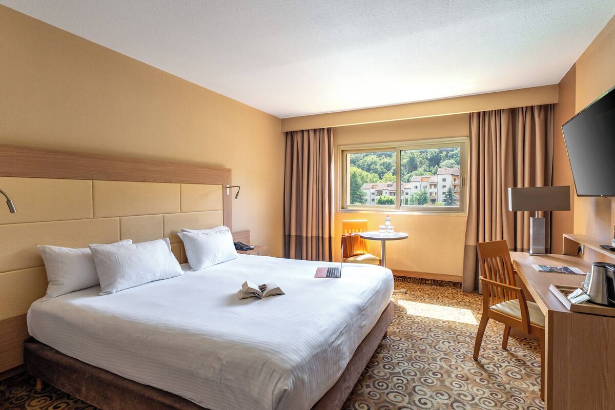 Une chambre d’hôtel avec un grand lit, un bureau avec une chaise, une télévision et une fenêtre avec des rideaux.