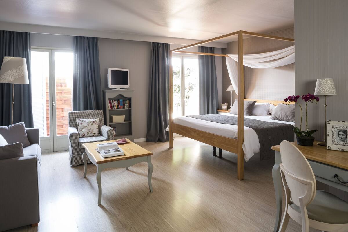 A modern bedroom with a four-poster bed, a desk, a chair, a sofa, a television, and a bookshelf.