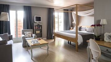 Un dormitorio moderno con una cama con dosel, un escritorio, una silla, un sofá, un televisor y una estantería.