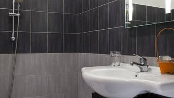 Et moderne badeværelse med bruser, vask og spejl.