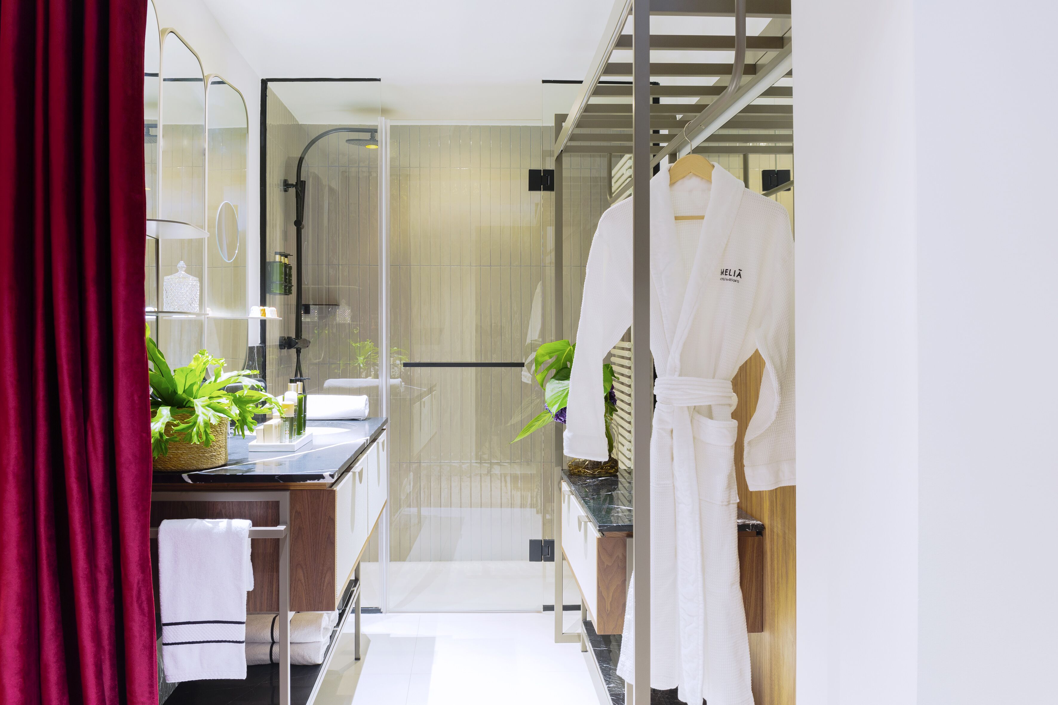 eco-friendly toiletries, towels, soap, shampoo