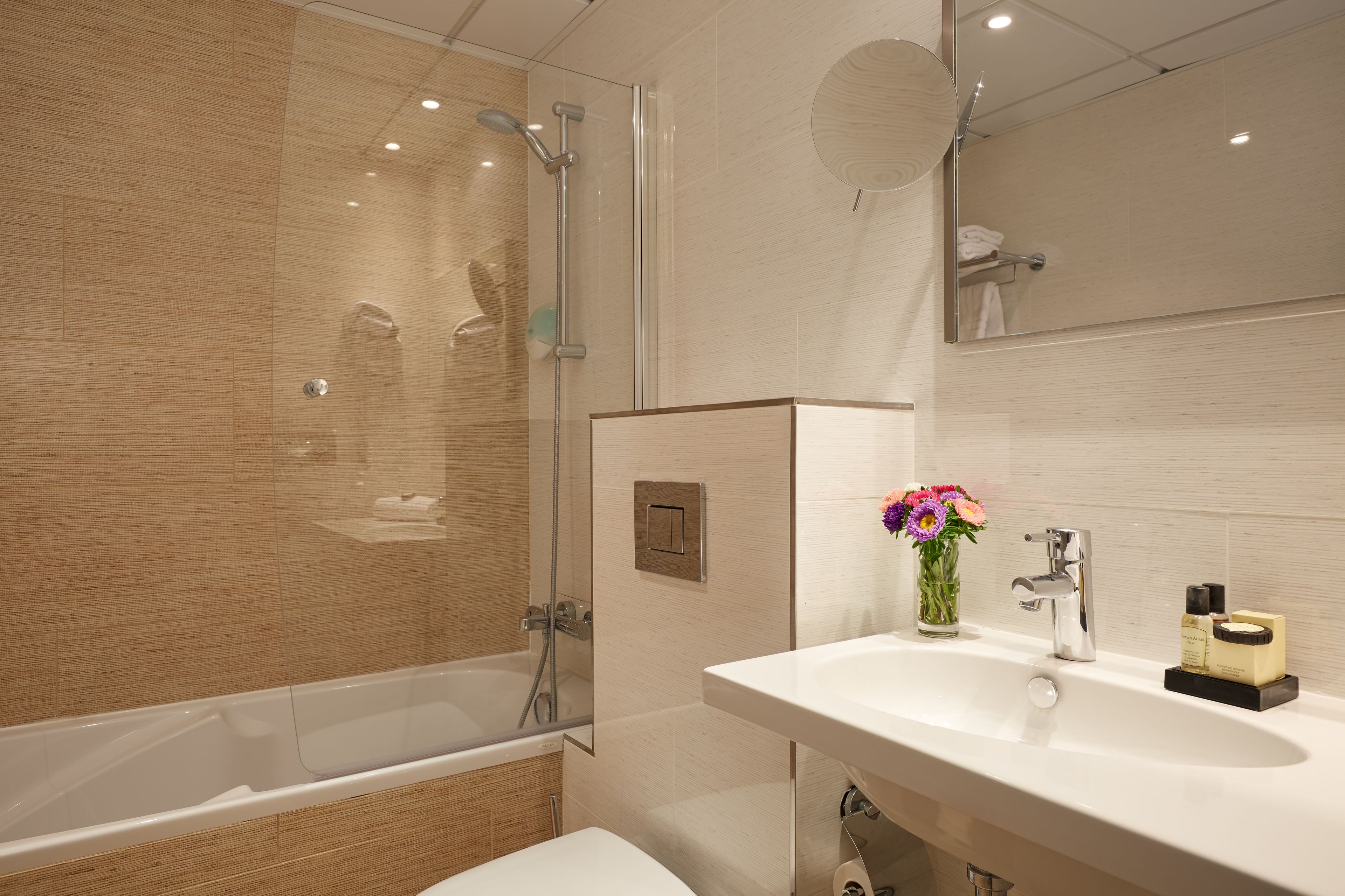 free toiletries, hair dryer, towels