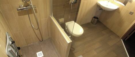 A modern bathroom with a glass shower enclosure, a toilet, and a sink.