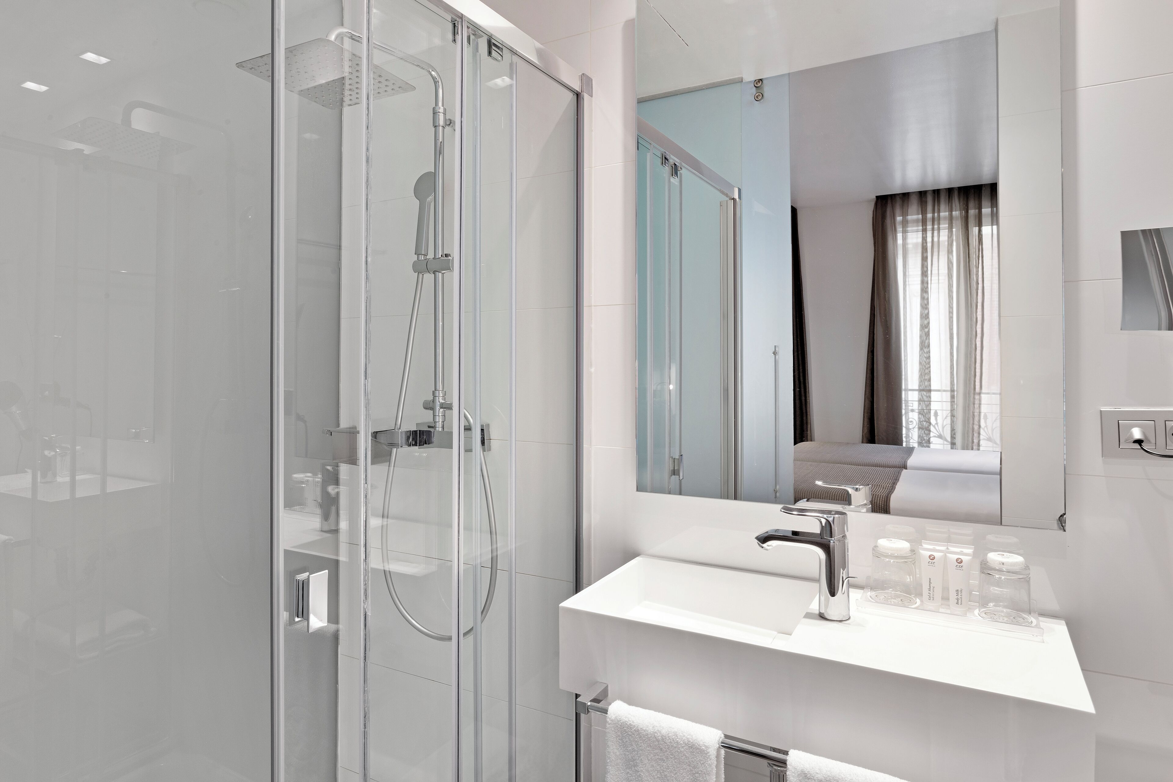 double room single use | bathroom | shower, designer toiletries, hair dryer, towels
