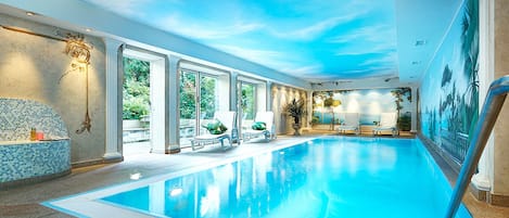 Indoor pool, open 7:00 AM to 10:00 PM, sun loungers