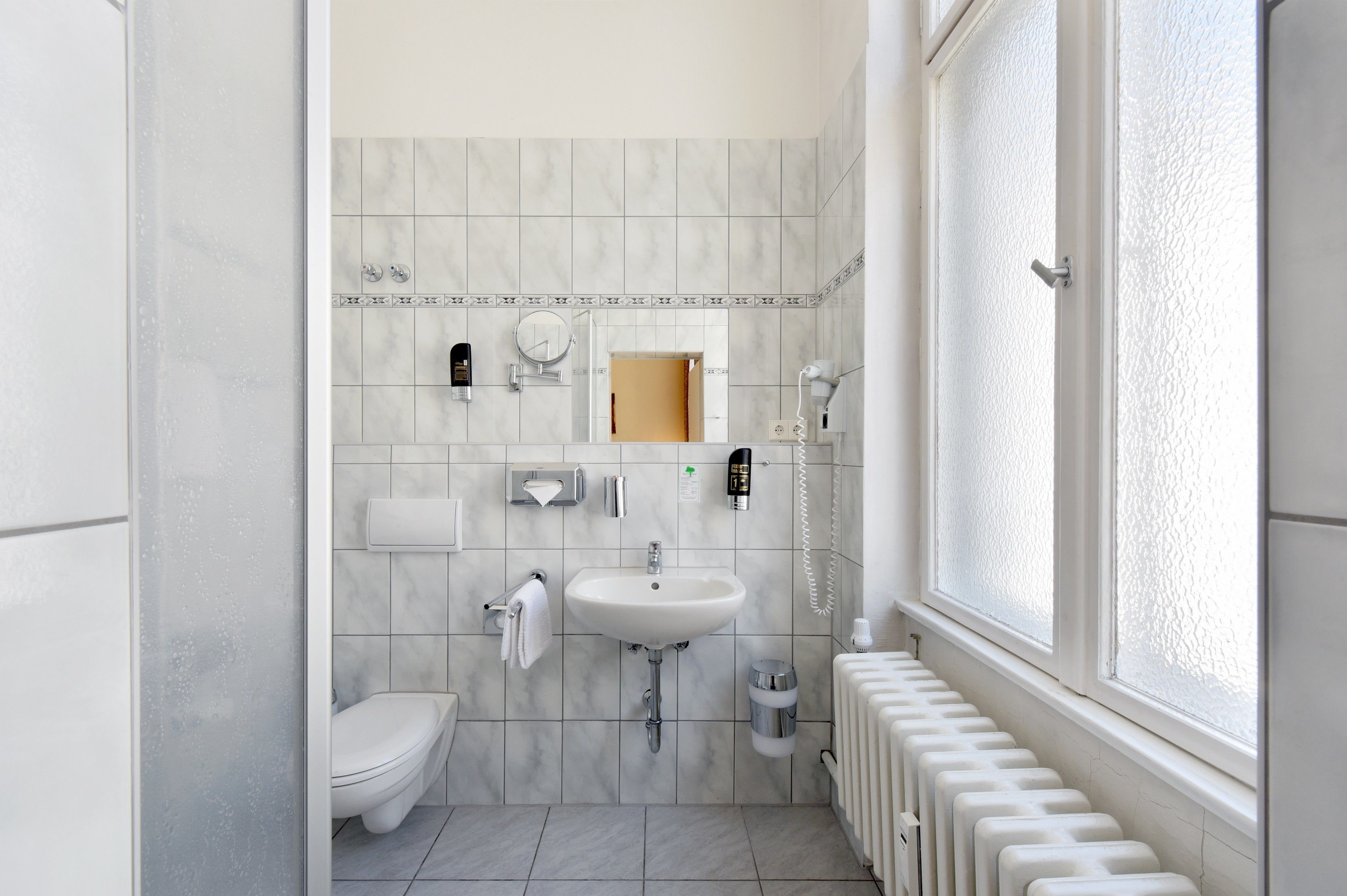 single room | bathroom | shower, hair dryer, towels