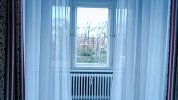 A room with a window, curtains, and a radiator.