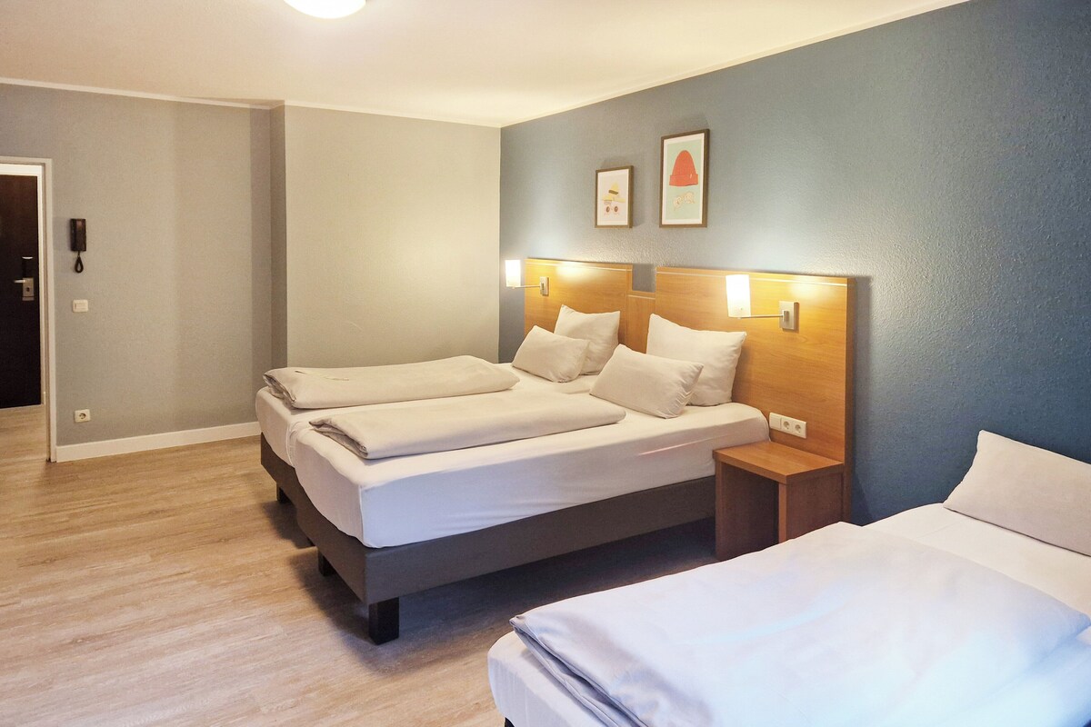 A double bed with a wooden headboard and a nightstand, a single bed, and a door with a phone.