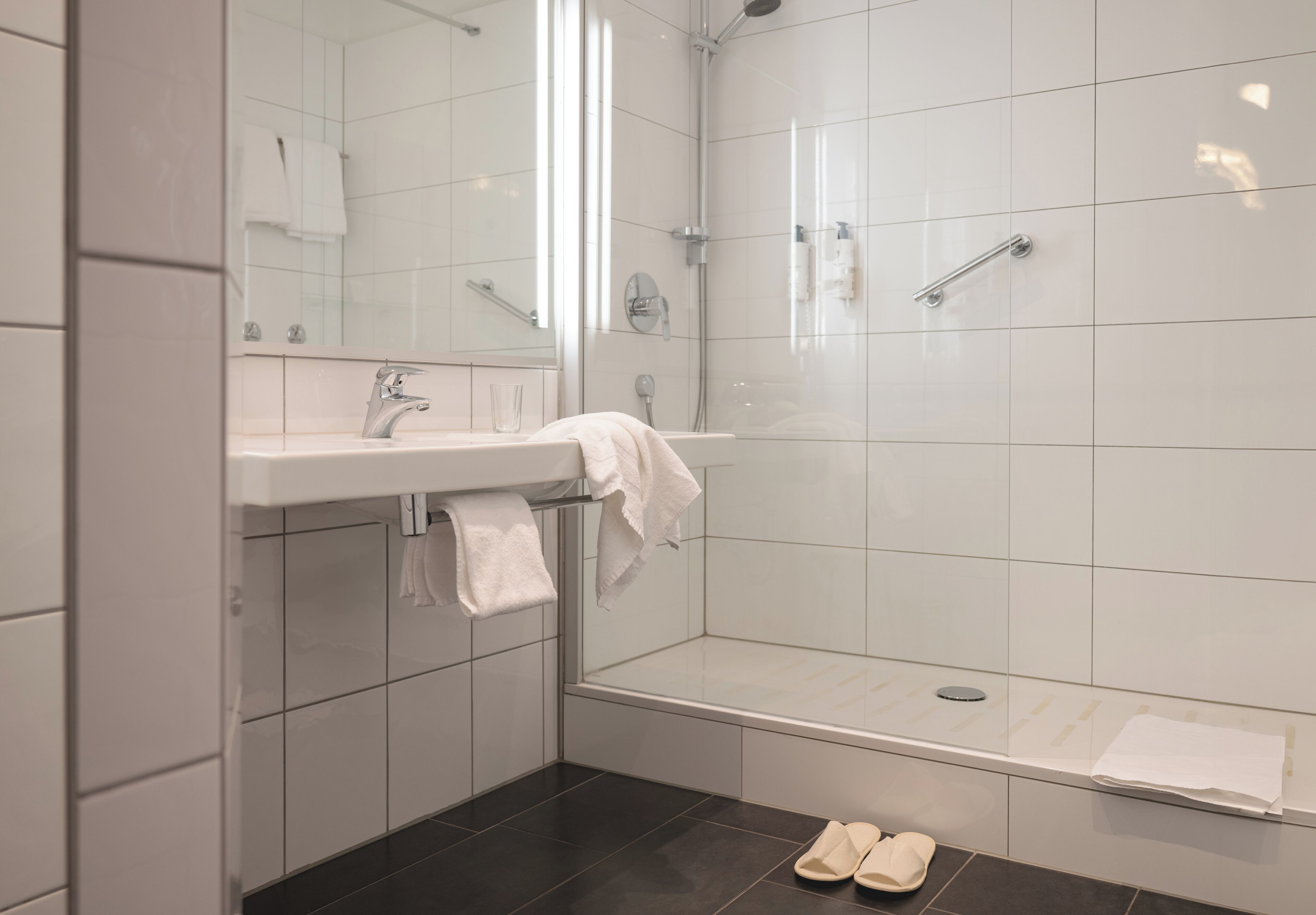 eco-friendly toiletries, hair dryer, slippers, towels