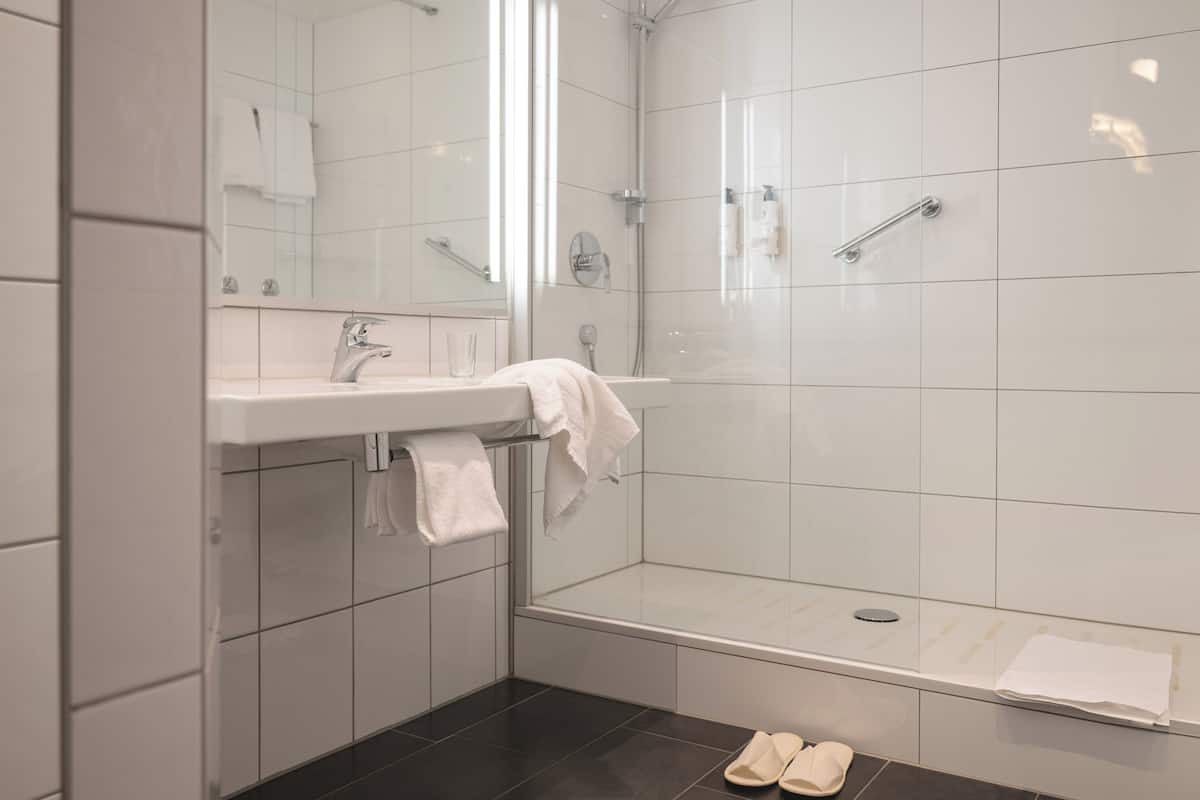 eco-friendly toiletries, hair dryer, slippers, towels