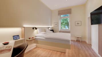 A modern bedroom with a bed, bedside tables, a desk, a chair, a window with a view, and a flat-screen TV.