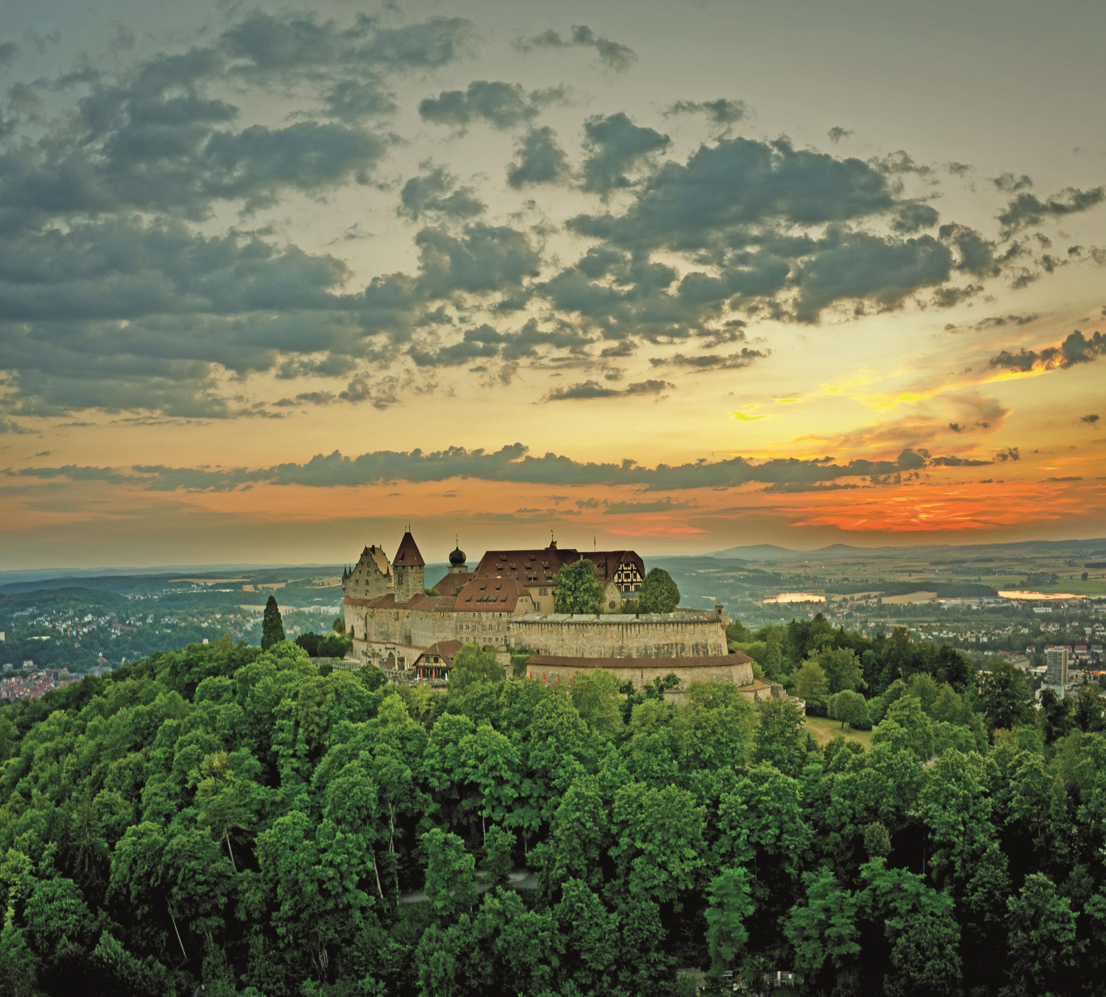 Un castillo histórico rodeado de un bosque denso, con vistas al paisaje circundante y una puesta de sol al fondo.