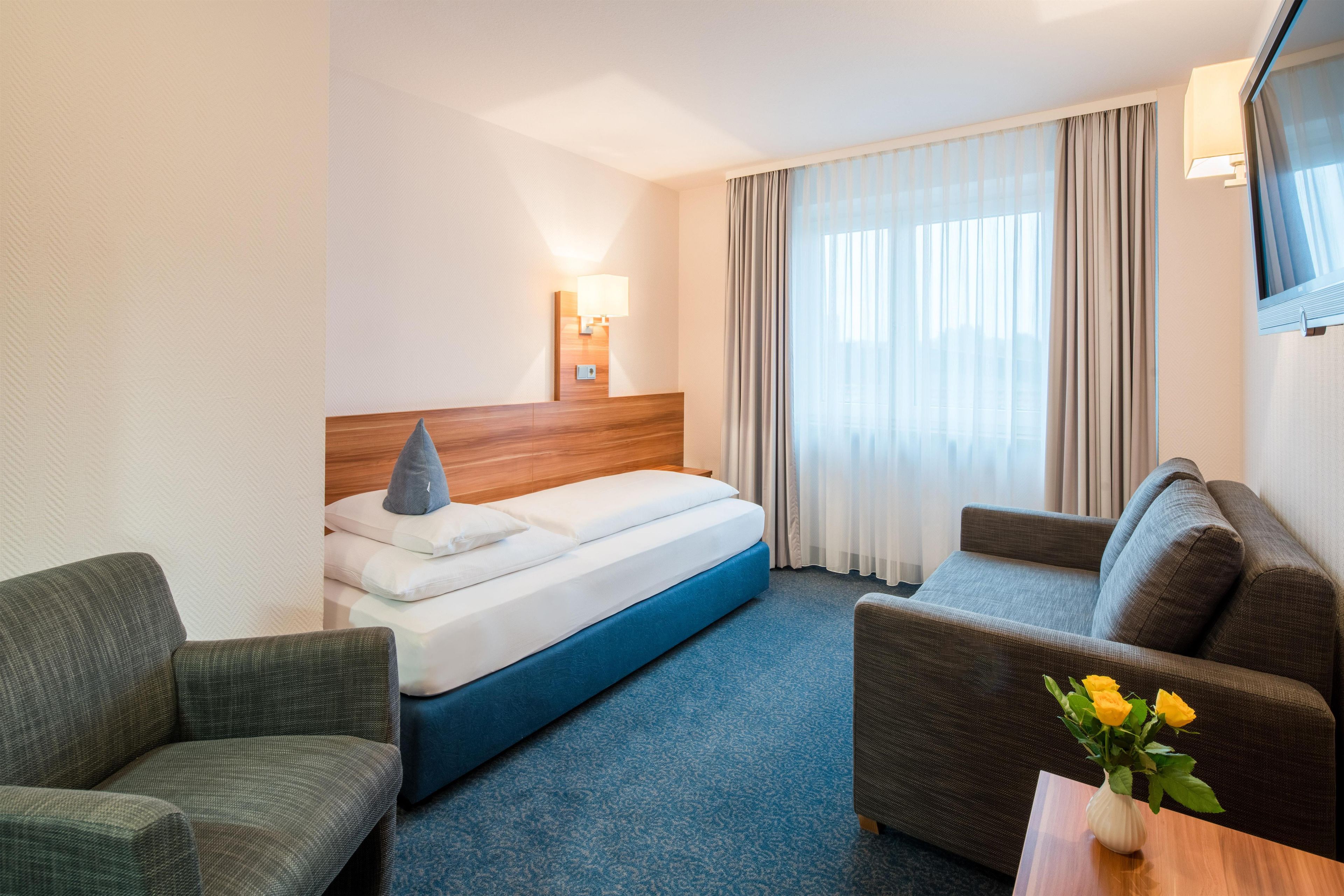Habitación de hotel con una cama, dos sillones, una mesita con un florero, un televisor y una ventana con cortinas.