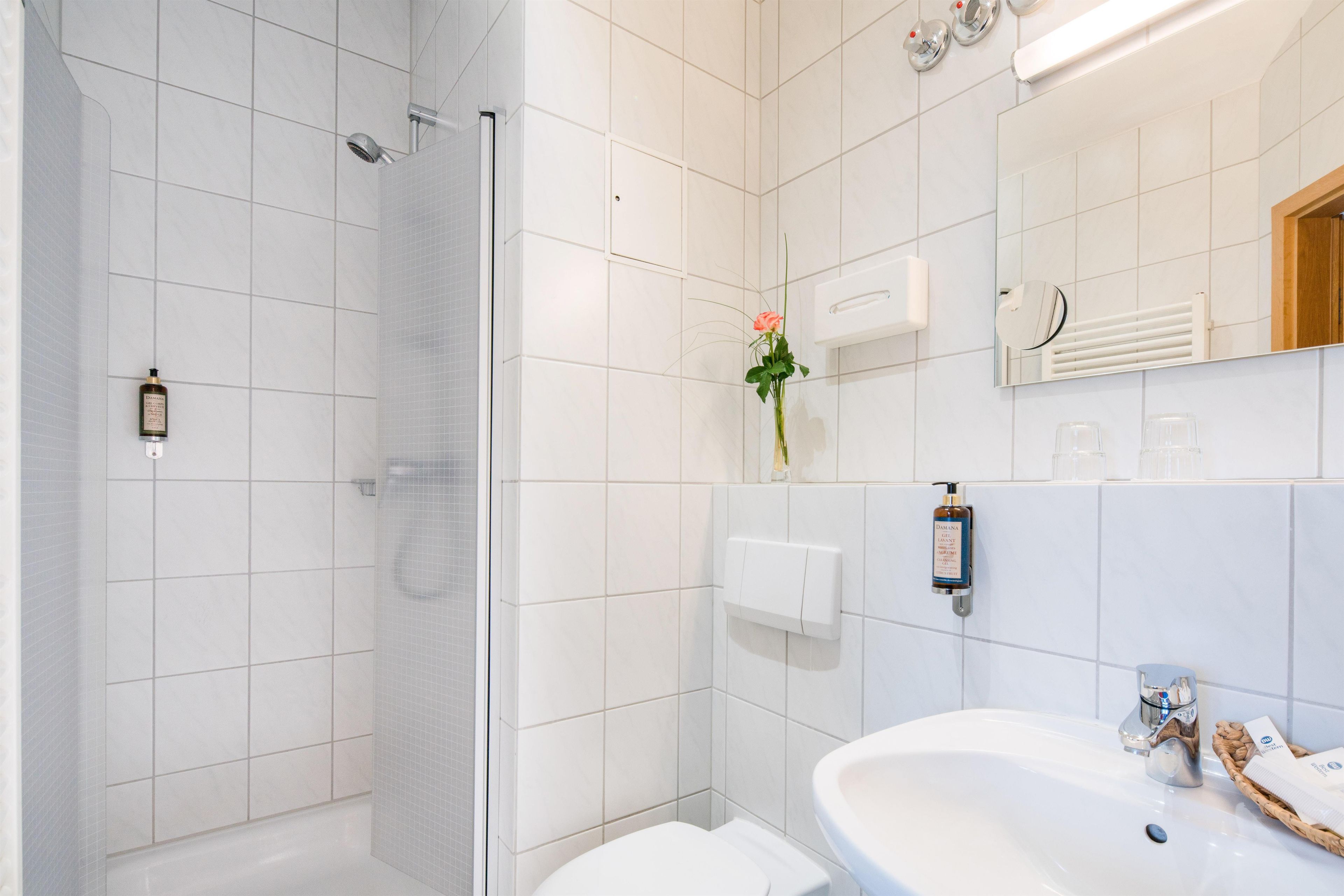 Ein modernes Badezimmer mit Duschkabine aus Glas, einem weißen Waschbecken und einem Spiegel darüber.