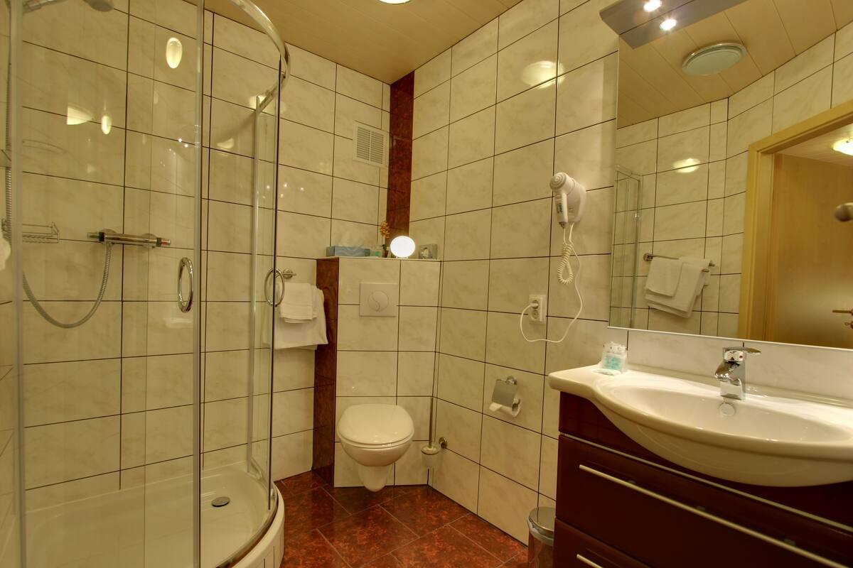 Une salle de bain avec une douche à parois de verre, des toilettes et un lavabo avec un miroir.