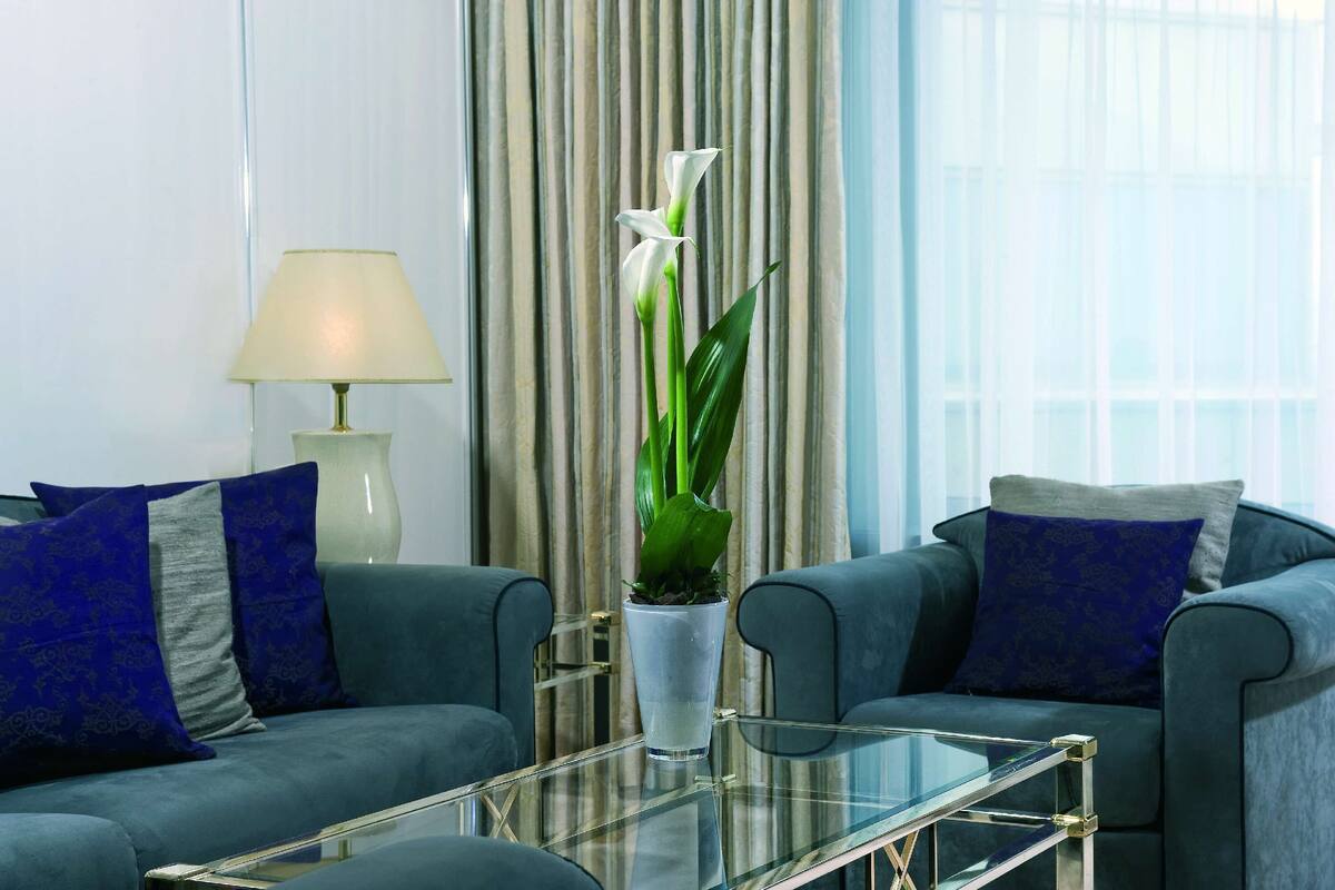 Een moderne woonkamer met een glazen salontafel, twee grijze banken met blauwe kussens, een hoge witte vaas met een plant en een lamp.