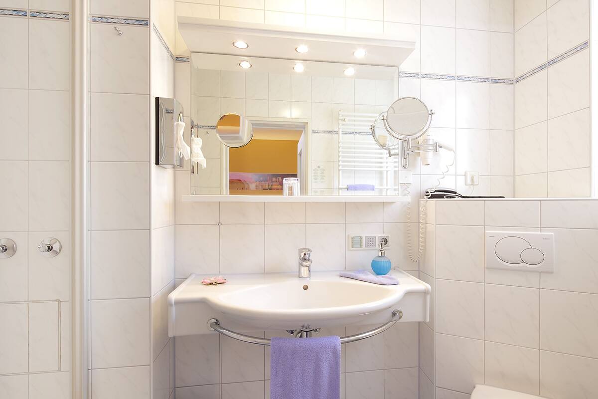 shower, free toiletries, hair dryer, towels