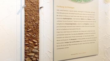 Painel informativo fixado na parede, com um mapa e texto sobre Freiburg im Breisgau.