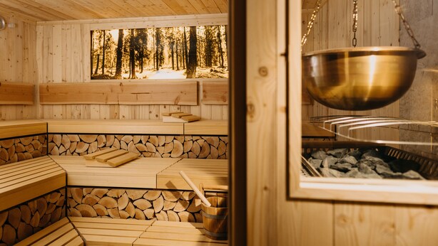 Una sauna de madera con bancos, un recipiente metálico grande y una ventana con vistas a un bosque.