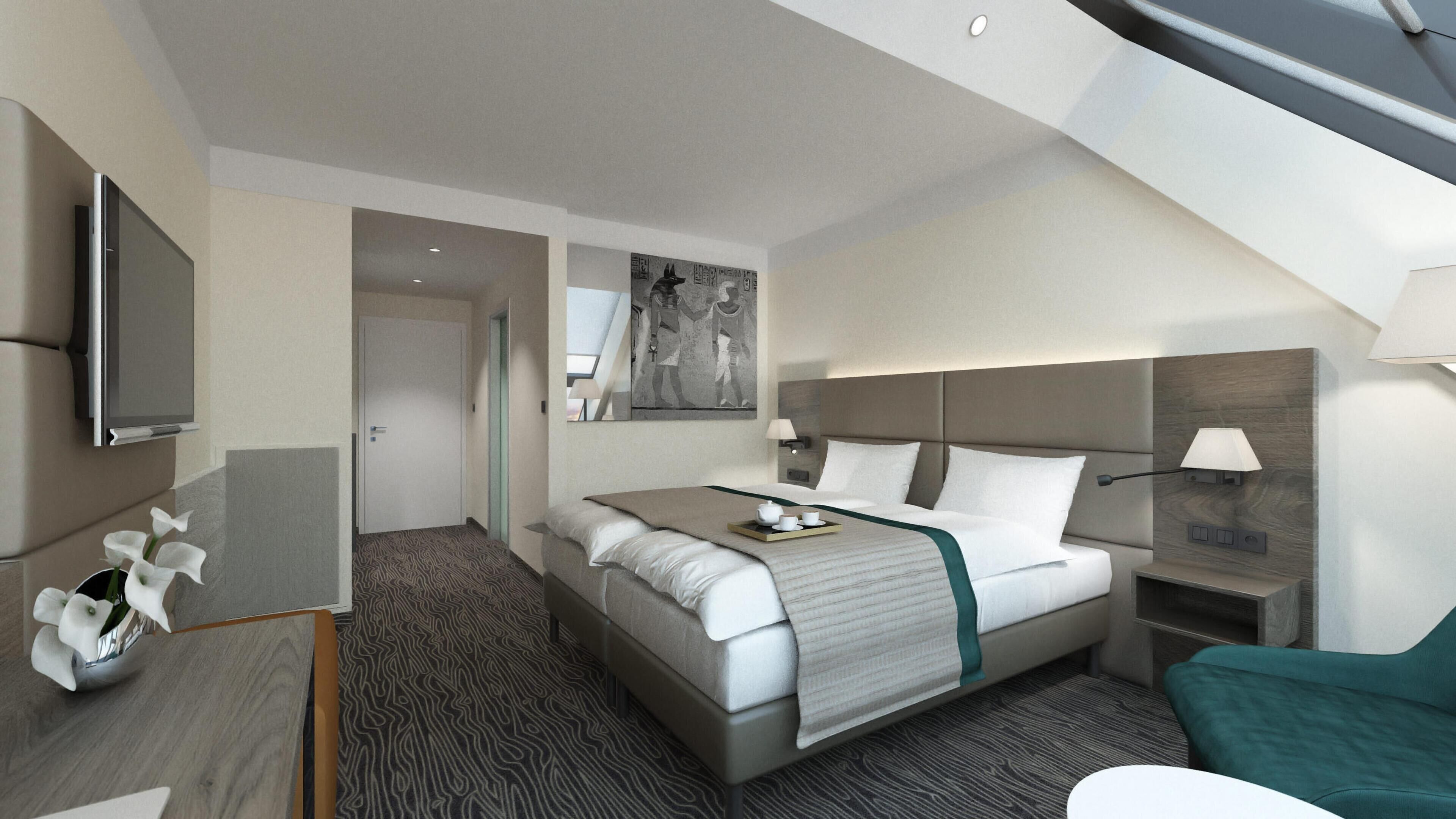Una habitación de hotel moderna con cama, mesitas de noche, televisor, escritorio y una silla.
