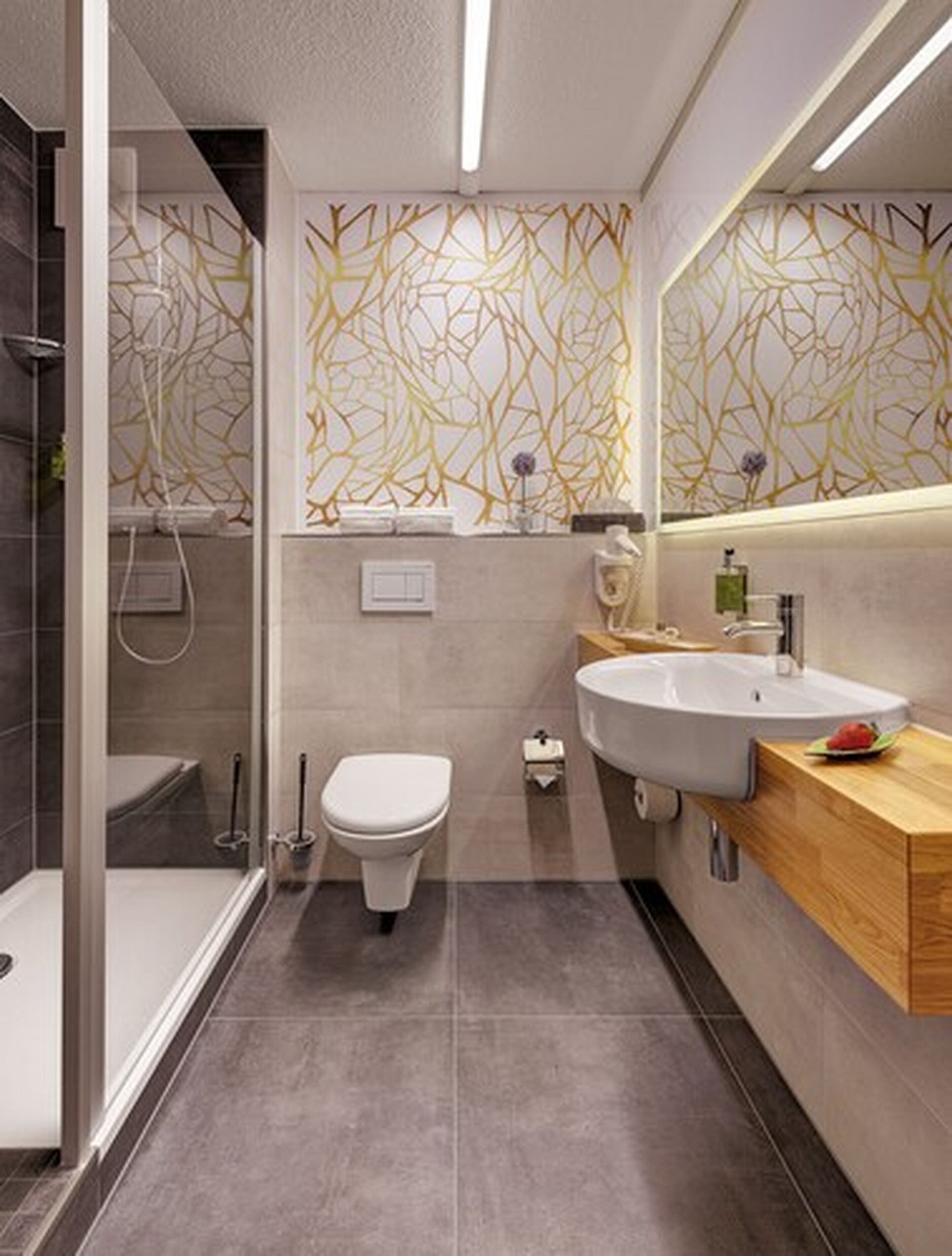 Ein modernes Badezimmer mit Duschkabine aus Glas, Toilette und Waschbecken mit Holztischplatte.