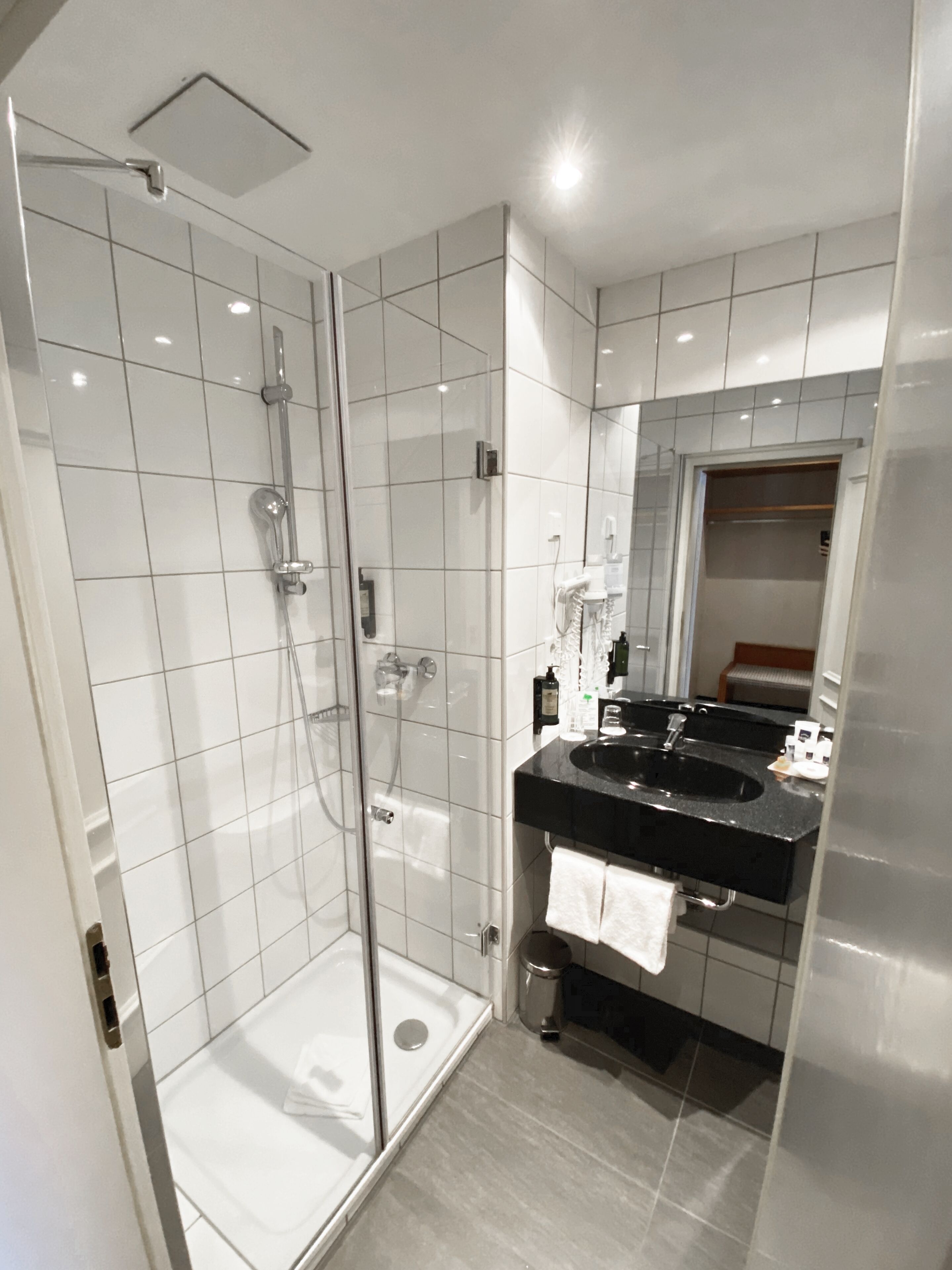 A modern bathroom with a glass-enclosed shower, a black sink, and a mirror.