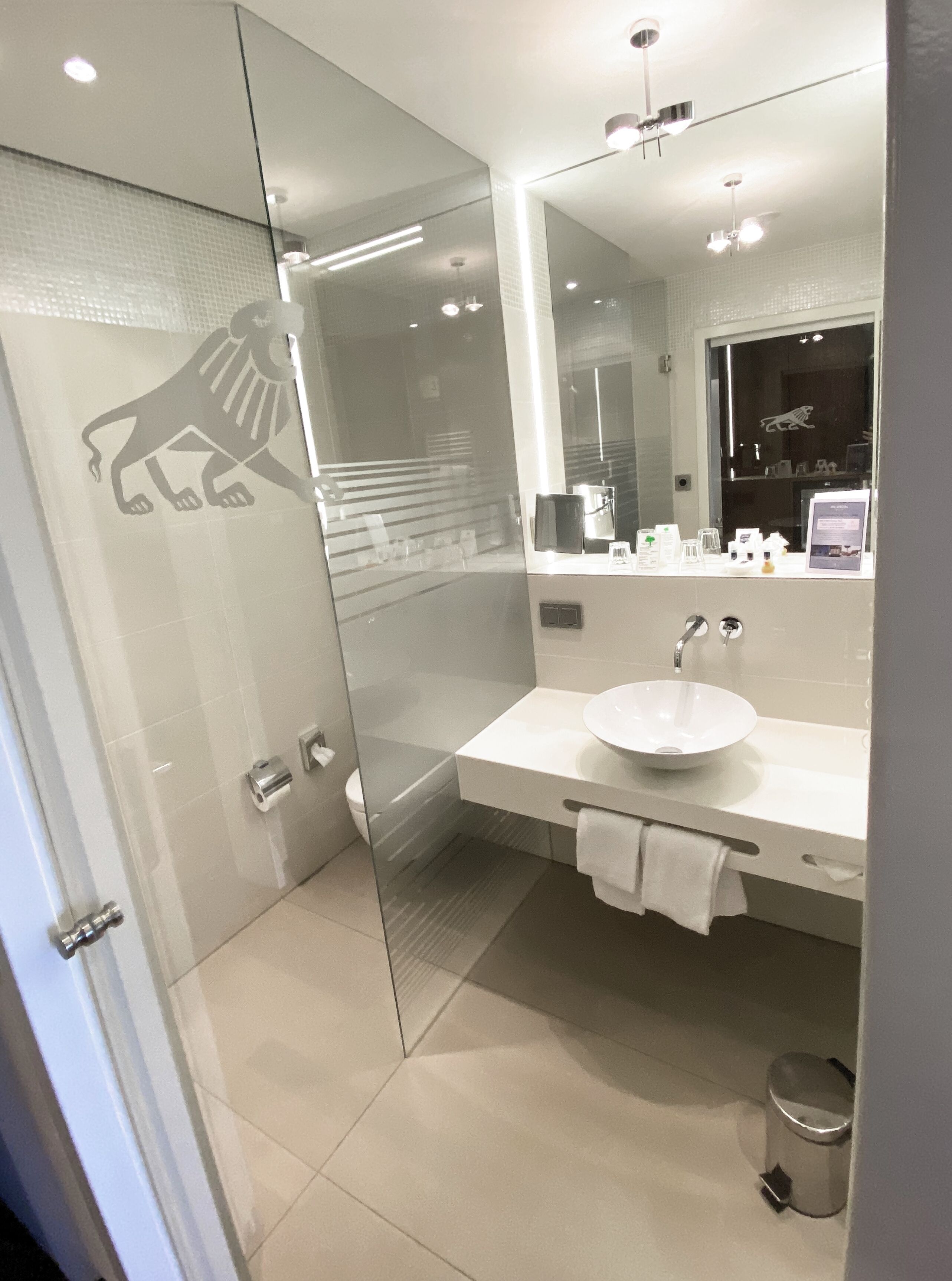 Een moderne badkamer met een glazen douchecabine, een witte wastafel en een grote spiegel.