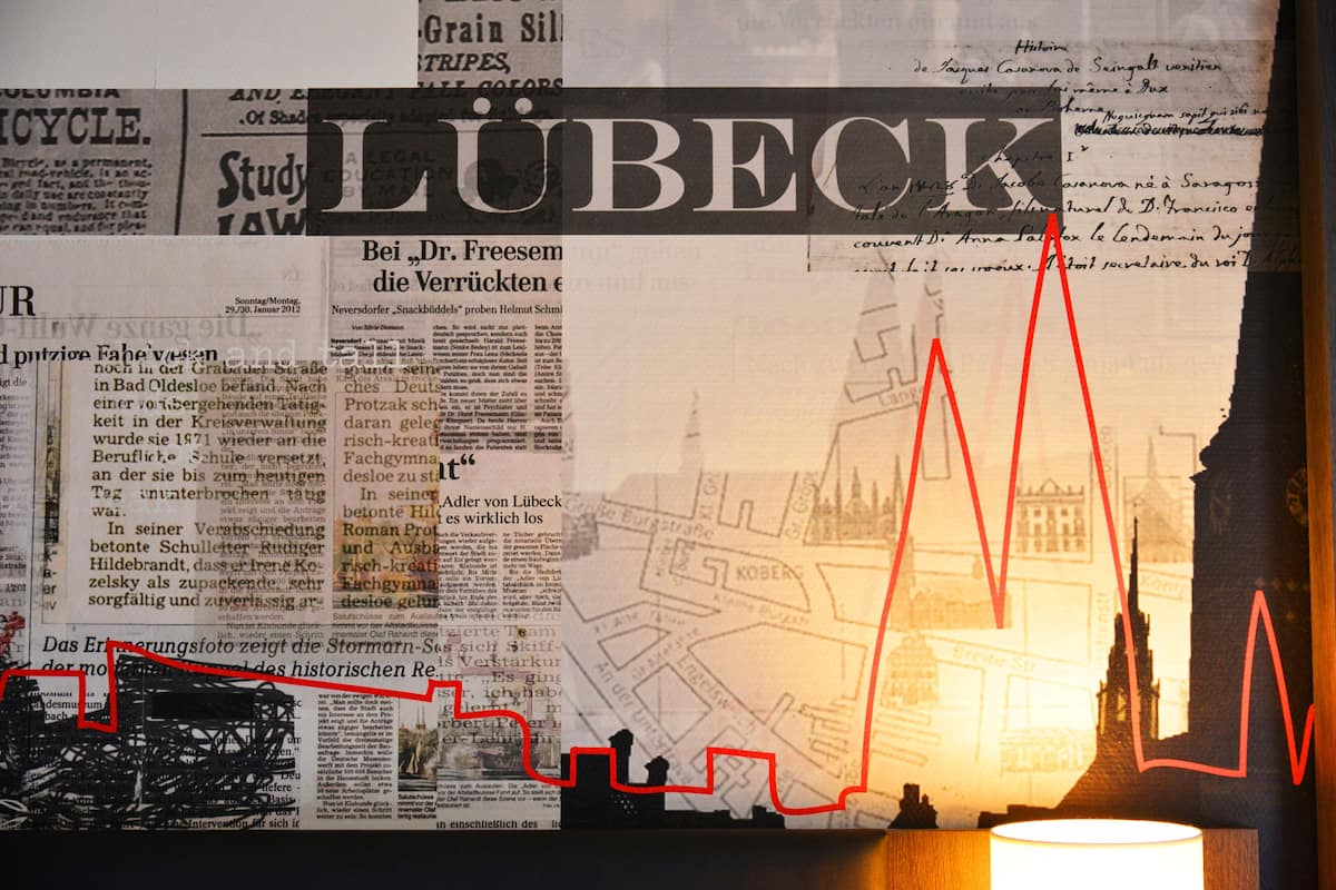 Paredes com diversos recortes de jornal e um mapa, com a palavra "Lübeck" em destaque.