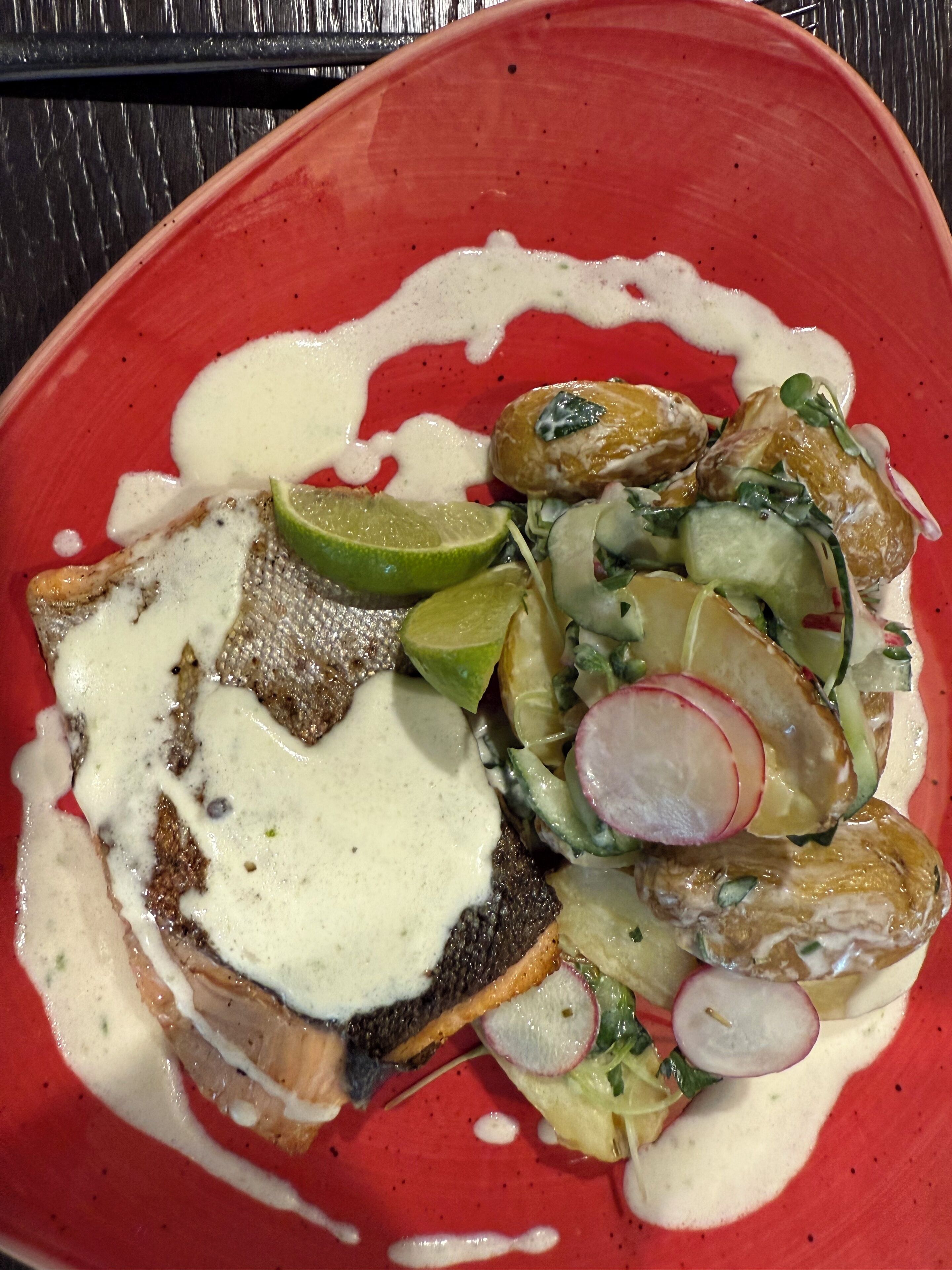A red plate with a fish fillet topped with a creamy sauce, accompanied by a side salad of radishes, cucumbers, and lime slices.