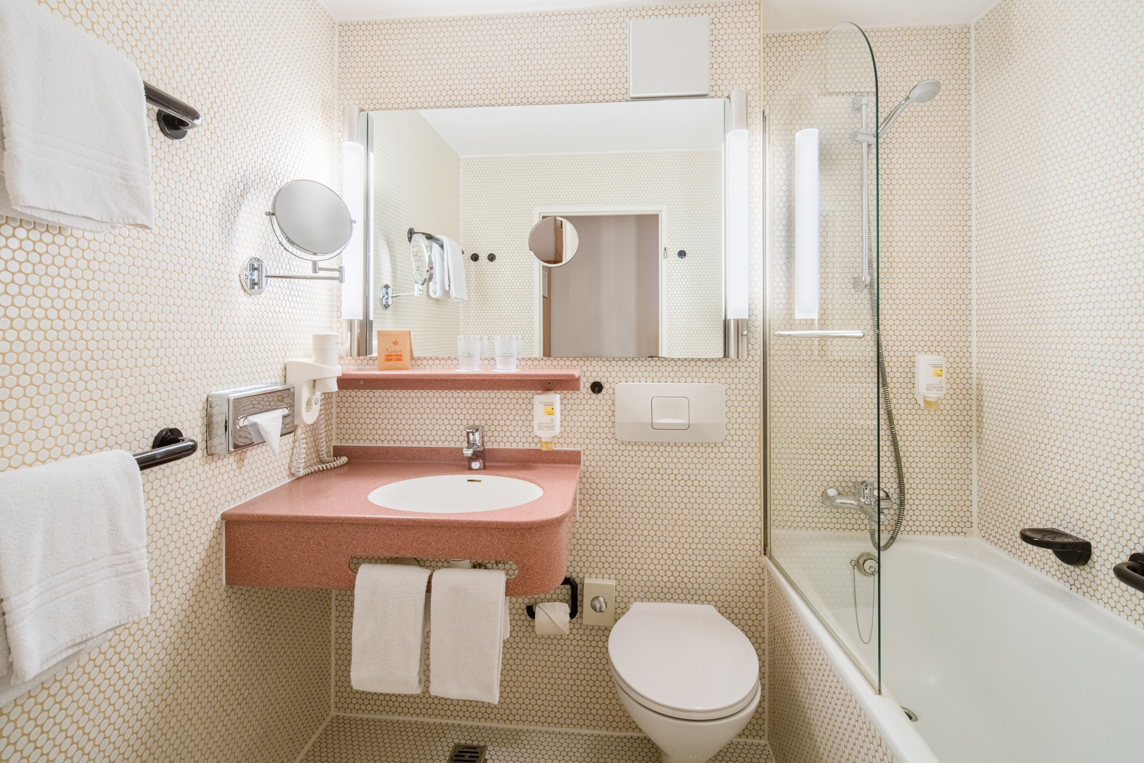 free toiletries, hair dryer, towels