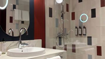 Shower, rainfall showerhead, eco-friendly toiletries, hair dryer