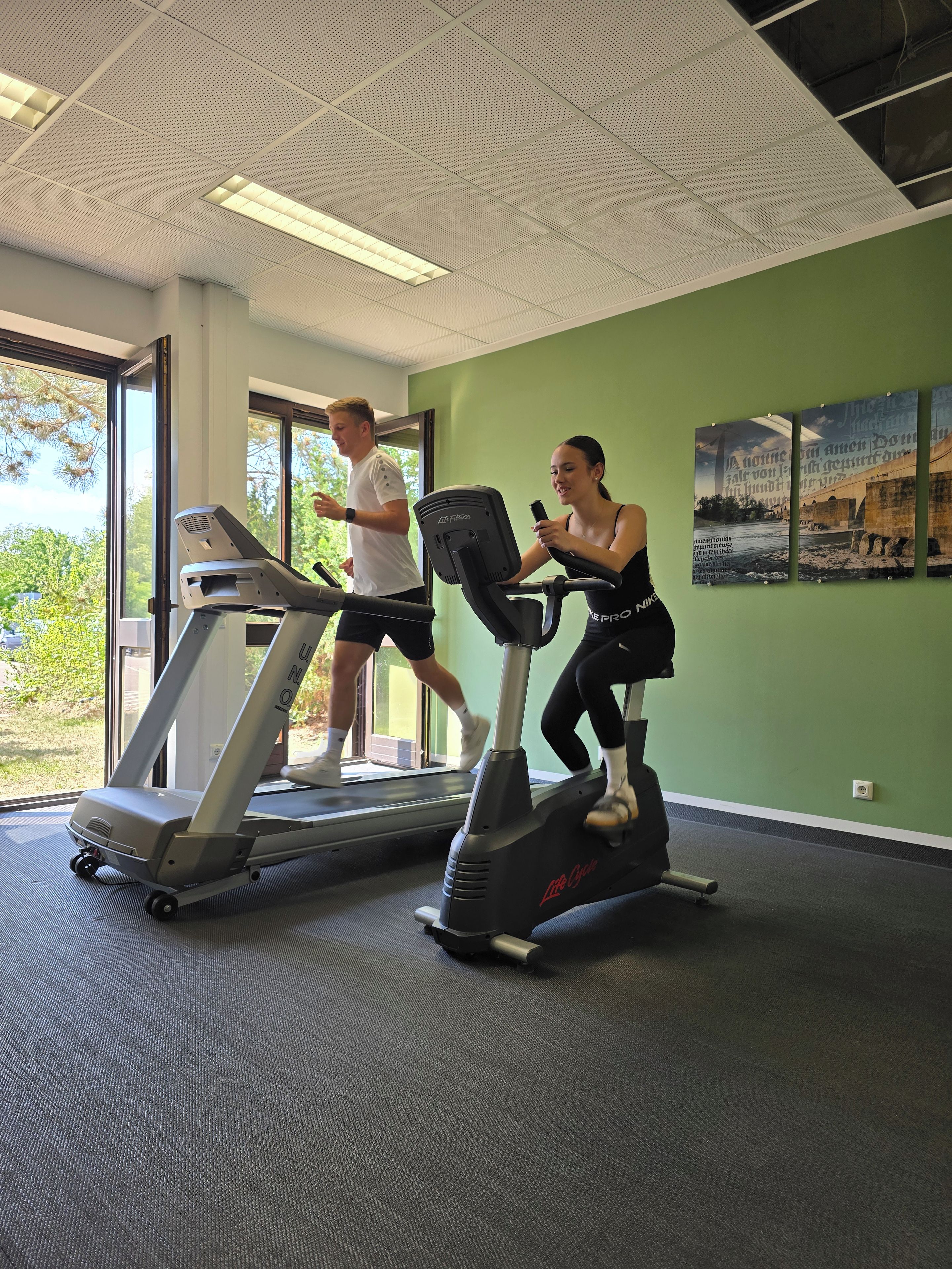 A gym with treadmills and stationary bikes, large windows, and a green wall.