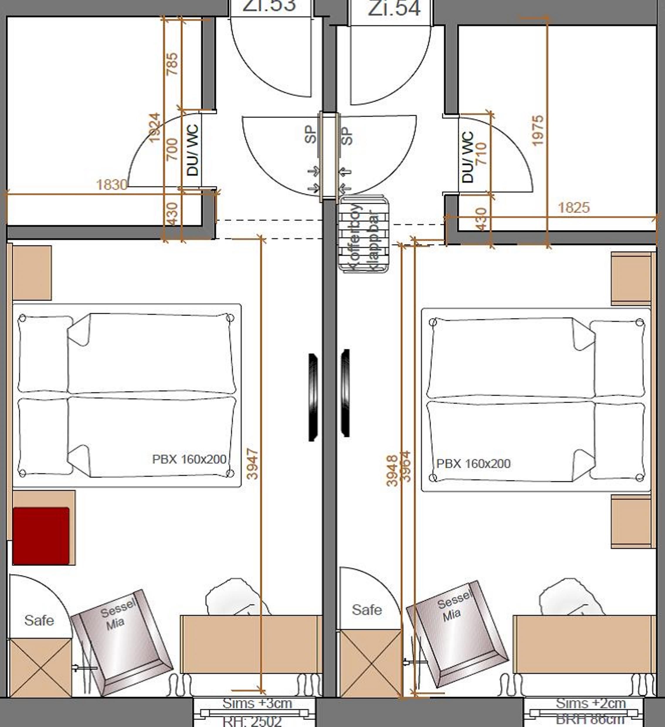 Plano de un hotel con dos habitaciones PBX de 160x200, una caja fuerte y un kitchenette.