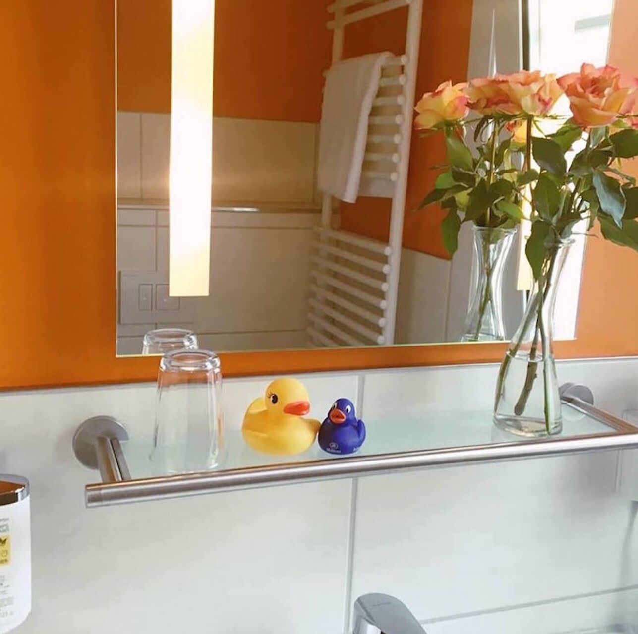 superior single room | bathroom | shower, hair dryer, towels