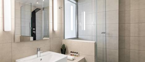 A modern bathroom with a large white sink, a glass shower enclosure, and a small potted plant on the vanity.