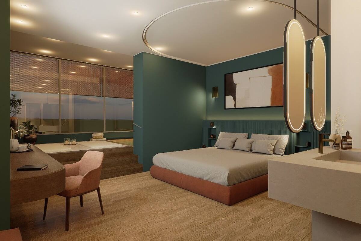 A modern bedroom with a bed, bedside table, and a large window.
