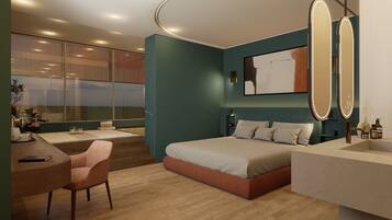Un dormitorio moderno con cama, mesita de noche y un gran ventanal.