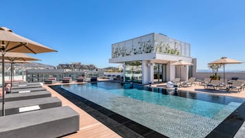 Outdoor pool, a heated pool, open 9:00 AM to 8:00 PM, pool umbrellas