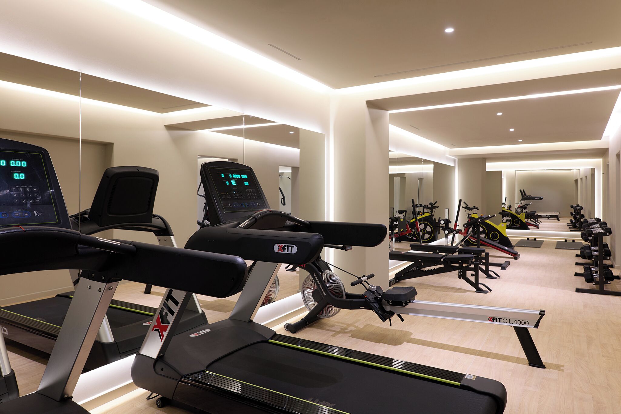 A gym with treadmills, stationary bikes, and weight machines.