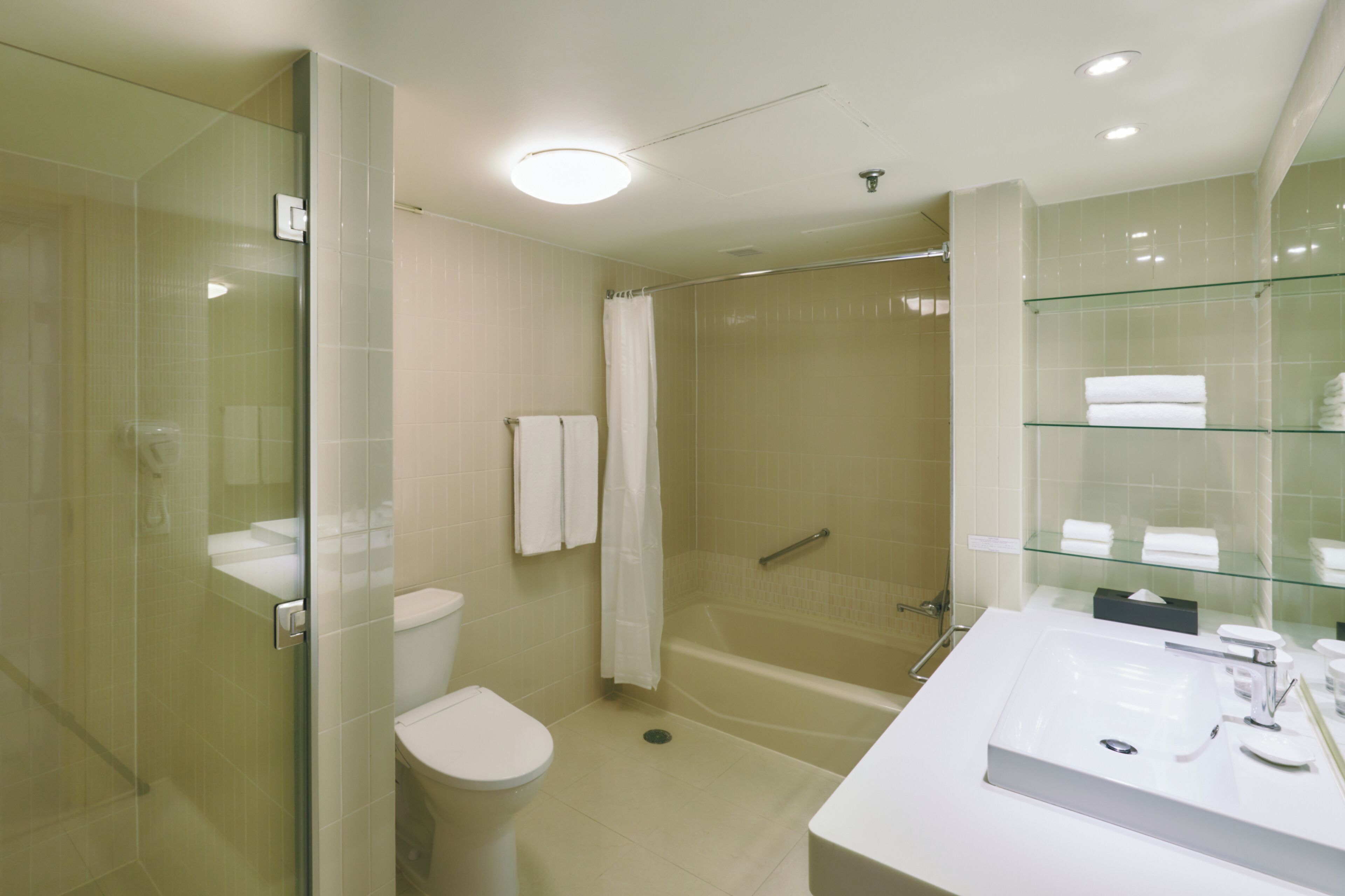 combined shower/bathtub, deep-soaking bathtub, free toiletries